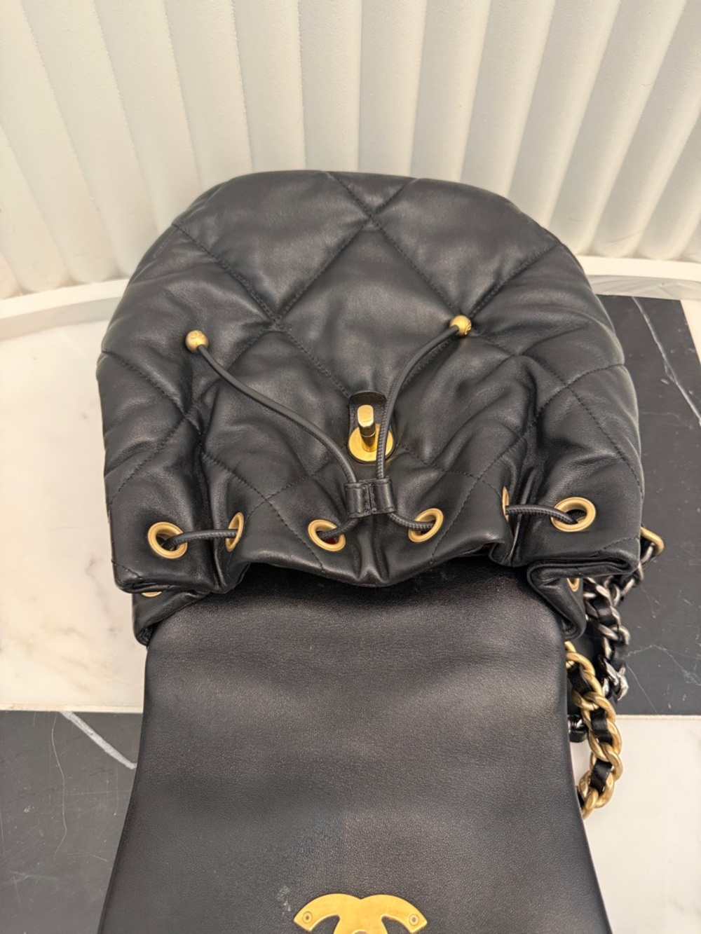 CHANEL 19 Black Quilted Leather Backpack with Mixed Metal Chain Trim - Picture 6 of 7